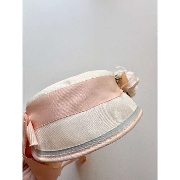 Vintage Ivory Straw Weave Pale Pink Grosgrain Ribbon Faux Flower Cloche Hat - Picture 10 of 16